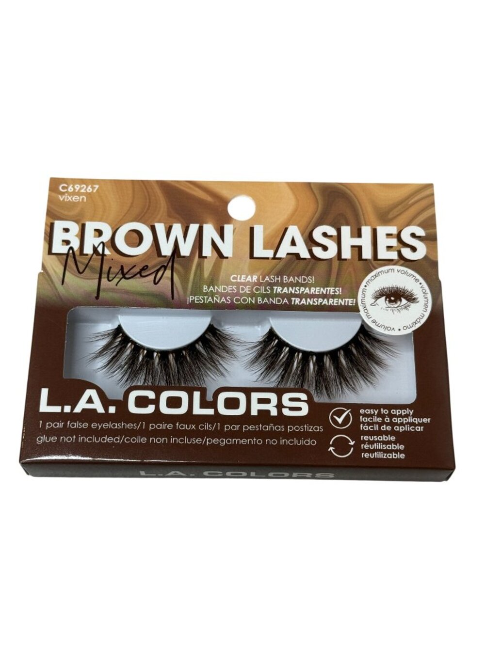 LA Colors Vixen Brown False Eyelashes Clear Band Reusable NWT